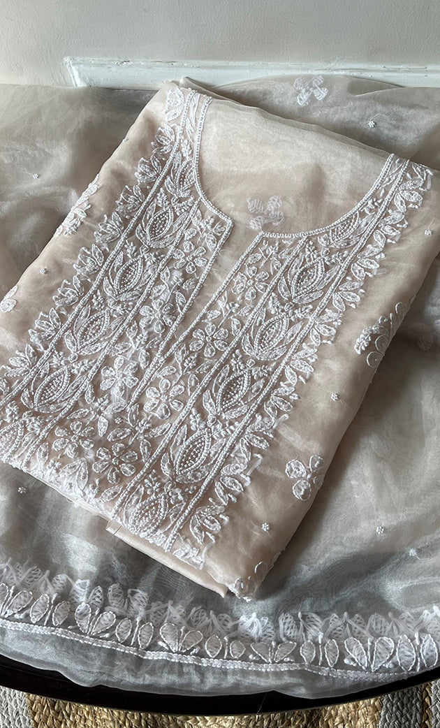 Women's Lakhnavi Handcrafted Organza Chikankari Unstitched Full Suit Material - HONC0284619