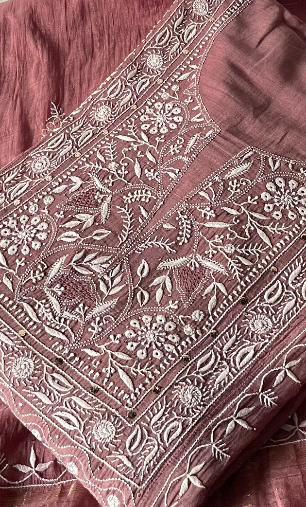 Women's Lakhnavi Handcrafted Mul Chanderi Semi -stitched Chikankari Full Suit Material - HONC0296115