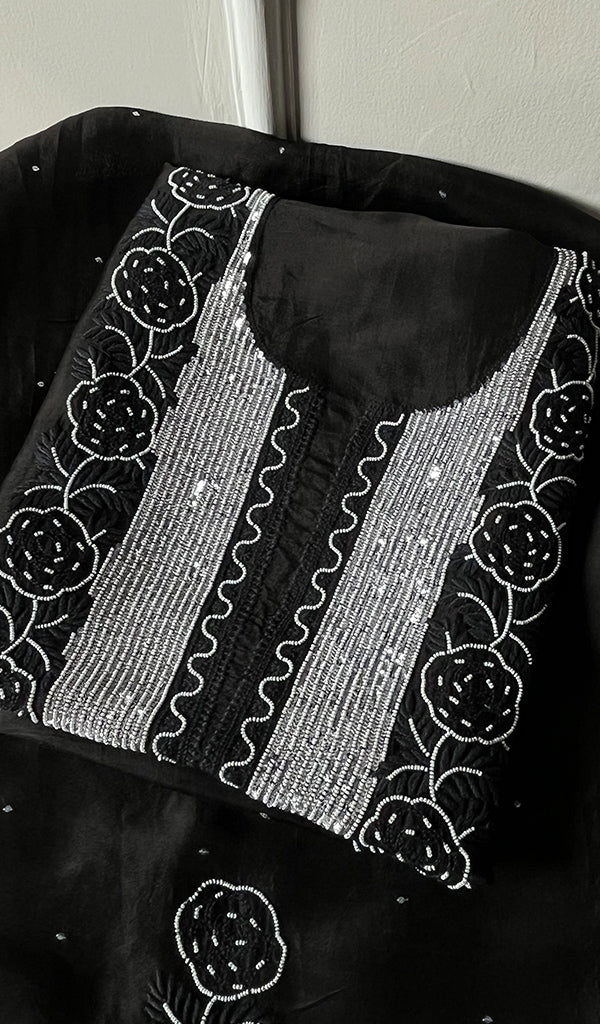 Rose Women's Lakhnavi Handcrafted Pure Organza Chikankari Unstitched Kurta And Dupatta Set- HONC0272169