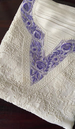 Load image into Gallery viewer, Women's Lakhnavi Handcrafted White Raw Silk Chikankari Unstitched Kurti Fabric - NC043738