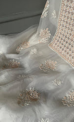 Load image into Gallery viewer, Women's Lakhnavi Handcrafted Pure Organza Chikankari Unstitched Kurta And Dupatta Set- HONC0304473