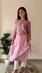 Load image into Gallery viewer, Women's Lucknowi Handcrafted Chanderi Silk Chikankari Kurti - HONC0357074