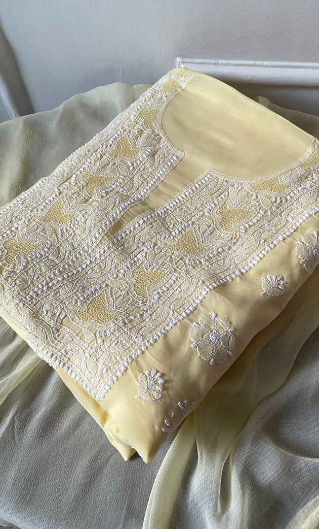 Women's Lakhnavi Handcrafted Unstitched Cotton Chikankari Suit Material - HONC0317402