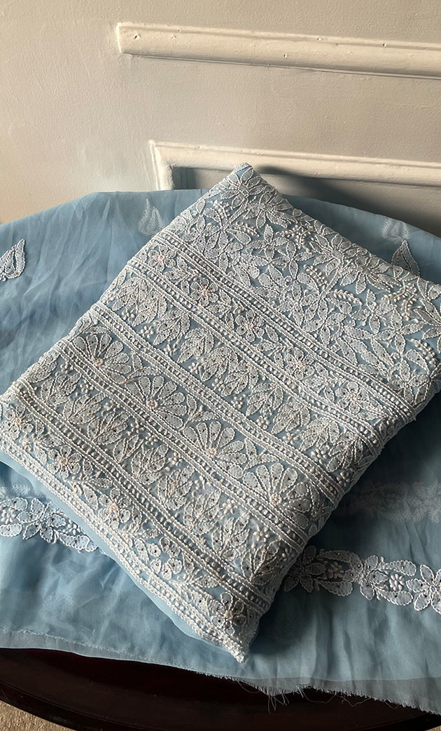 Women's Lakhnavi Handcrafted Unstitched Faux-Georgette Chikankari Suit Material - HONC0263365