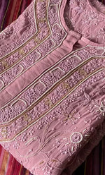 Load image into Gallery viewer, Women's Lakhnavi Handcrafted Pure Silk Georgette Semi - Stitched Chikankari Kurta And Dupatta Set - HONC0302216