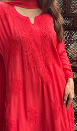 Load image into Gallery viewer, Women's Lakhnavi Handcrafted Modal Cotton Chikankari Kurta Dupatta And Palazzo Set - HONC0233481