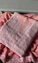 Load image into Gallery viewer, Women's Lakhnavi Handcrafted Pure Silk Georgette Chikankari Kurta And Dupatta Set - HONC0295346