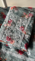 Load image into Gallery viewer, Women's Lakhnavi Handcrafted Organza Chikankari Unstitched Kurta And Dupatta Set - HONC0144734