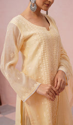Load image into Gallery viewer, Women's Lakhnavi Handcrafted Mul Chanderi Chikankari Stitched Kurta, Dupatta And Pant Set - HONC0457995