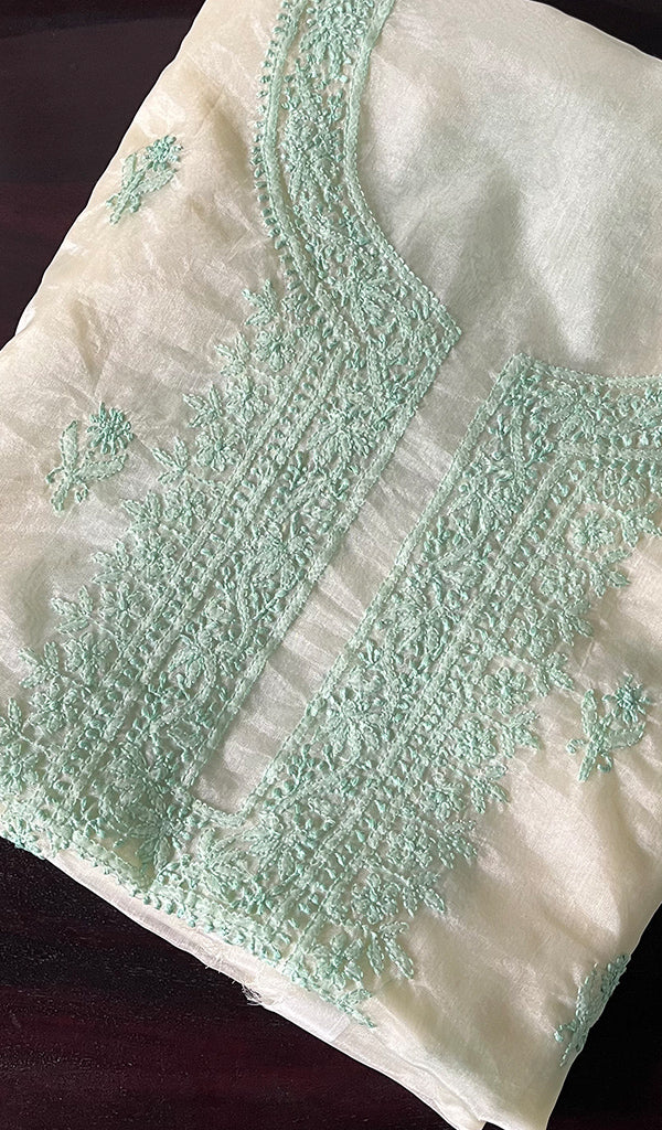 Lakhnavi 手工制作的欧根纱 Chikankari 未缝合 Kurti 面料 - Honc0133587