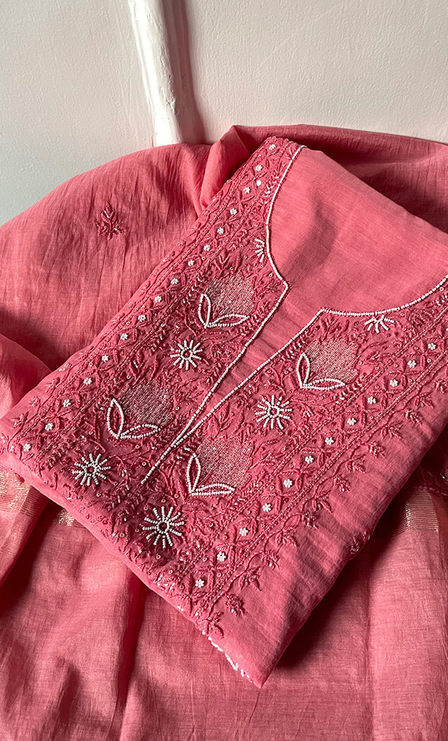 Women's Lakhnavi Handcrafted Mul Chanderi Unstitched Chikankari Full Suit Material - HONC0314654