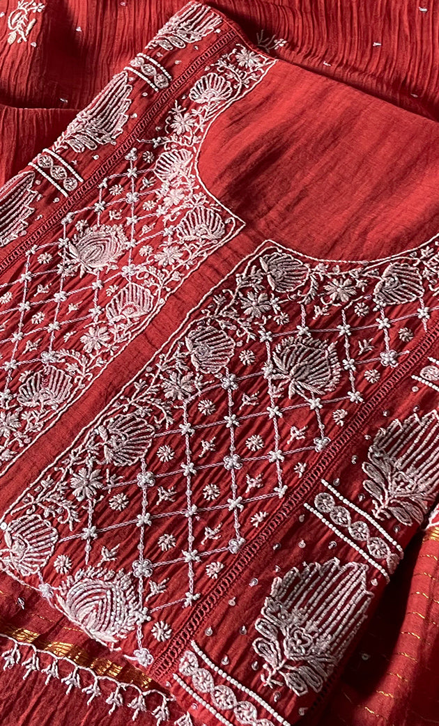 Women's Lakhnavi Handcrafted Mul Chanderi Semi - Stitched Kurta And Dupatta Set - HONC0282233