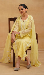 Load image into Gallery viewer, Saziya Women's Lakhnavi Handcrafted Mul Chanderi Chikankari Stitched Kurta, Dupatta And Pant Set - HONC0798462