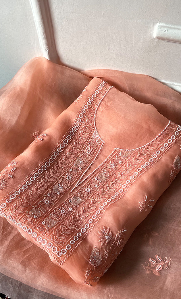 Women's Lakhnavi Handcrafted Pure Organza Chikankari Unstitched Kurta And Dupatta Set- HONC0314163