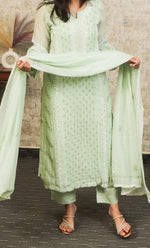 将图像加载到图库查看器中, Women's Lakhnavi Handcrafted Mul Chanderi Chikankari Stitched Kurta, Dupatta And Pant Set - HONC0321289