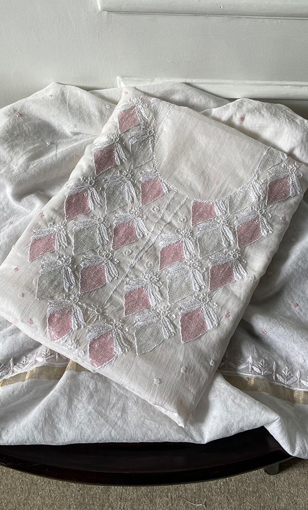 Women's Lakhnavi Handcrafted Mul Chanderi Unstitched Kurta And Dupatta Set - HONC0319457