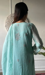 Load image into Gallery viewer, Women's Lakhnavi Handcrafted Mul Chanderi Chikankari Stitched Kurta, Dupatta And Pant Set - HONC0322167