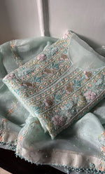 Load image into Gallery viewer, Women's Lakhnavi Handcrafted Pure Organza Chikankari Unstitched Kurta And Dupatta Set- HONC0323650