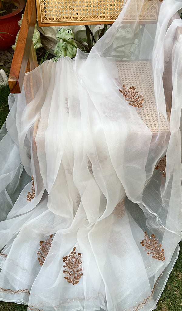 Women's Lucknowi Handcrafted Pure Organza Silk Chikankari SAREE - HONC0270079