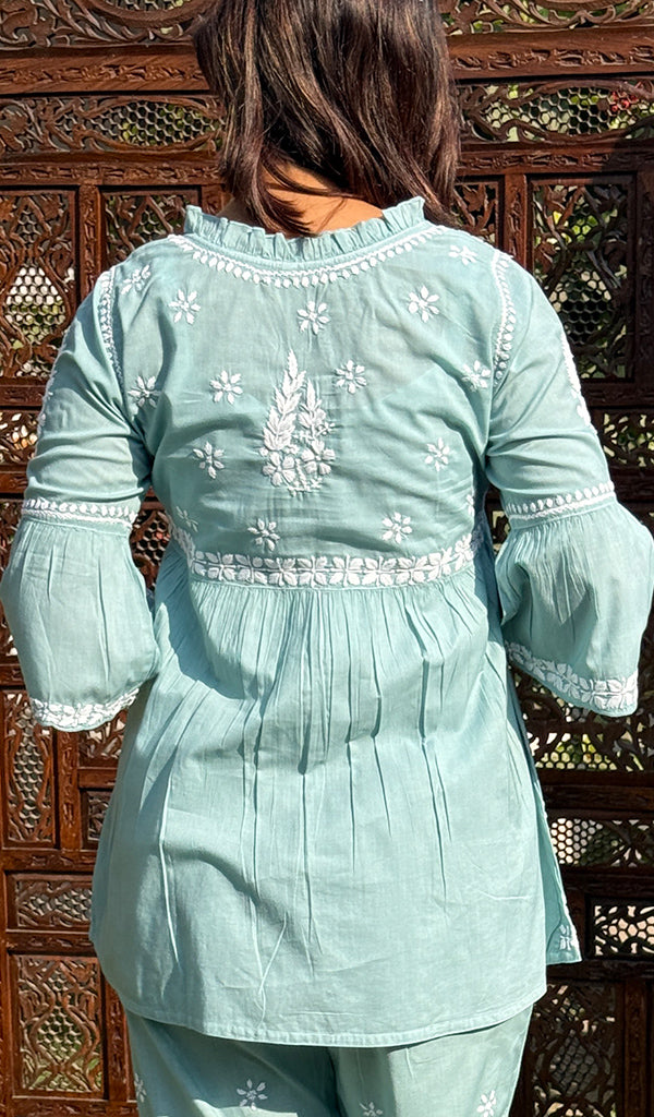 Rania Women's Lakhnavi Handcrafted Cotton Chikankari Short Kurta And Afghani pant Set - HONC0268683