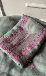 将图像加载到图库查看器中, Gulaab Women's Lakhnavi Handcrafted Pure Organza Chikankari Unstitched Kurta And Dupatta Set - HONC0311847