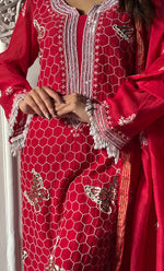 Load image into Gallery viewer, Women's Lakhnavi Handcrafted Mul Chanderi Chikankari Stitched Kurta, Dupatta And Pant Set - HONC0314455