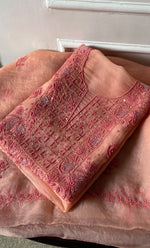 Load image into Gallery viewer, Women's Lakhnavi Handcrafted Pure Organza Chikankari Unstitched Kurta And Dupatta Set- HONC0310373