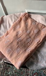 Load image into Gallery viewer, Women's Lakhnavi Handcrafted Pure Silk Georgette Unstitched Chikankari Anarkali And Dupatta Set- HONC0258457