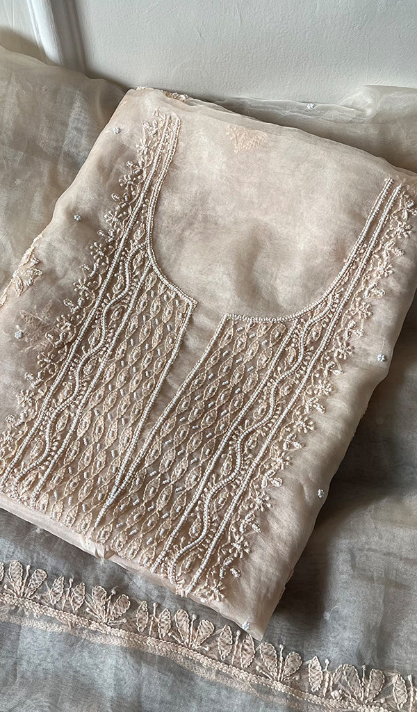 Women's Lakhnavi Handcrafted Organza Chikankari Unstitched Full Suit Material - HONC0271219