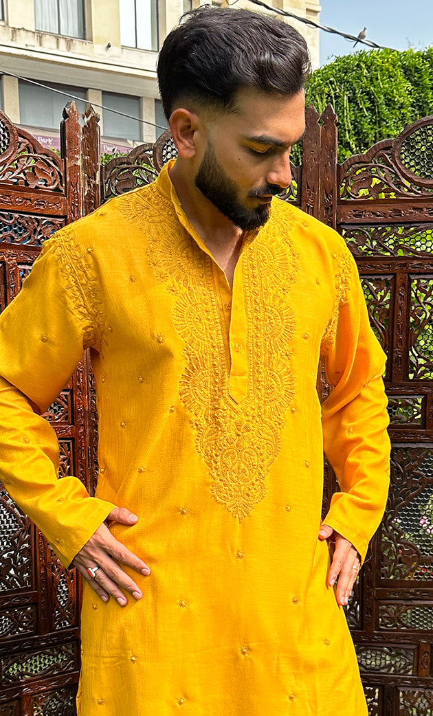 Men's Lucknowi Handcrafted Cotton Chikankari Kurta - HONC0329857