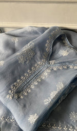 Load image into Gallery viewer, Women's Lakhnavi Handcrafted Pure Organza Chikankari Semi stitched Kurta And Dupatta Set- HONC0348612