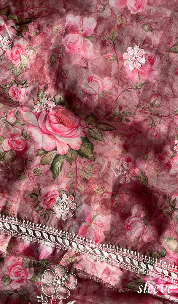 Women's Lakhnavi Handcrafted Organza Chikankari Unstitched Kurta And Dupatta Set - HONC0268887