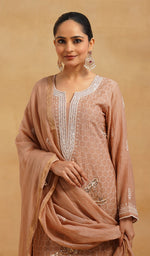 将图像加载到图库查看器中, Women's Lakhnavi Handcrafted Mul Chanderi Chikankari Stitched Kurta, Dupatta And Pant Set - HONC0244565