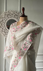Load image into Gallery viewer, Women's Lucknowi Handcrafted Pure Organza Silk Chikankari Saree - HONC0329246