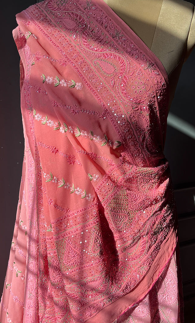 Women's Lakhnavi Handcrafted Bridal Pure Silk Georgette Chikankari Lehenga Set - HONC0269069