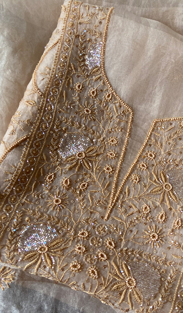 Women's Lakhnavi Handcrafted Pure Organza Chikankari Unstitched Kurta And Dupatta Set- HONC0263885