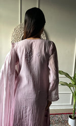 Load image into Gallery viewer, Women's Lakhnavi Handcrafted Mul Chanderi Chikankari Stitched Kurta, Dupatta And Pant Set - HONC0321277