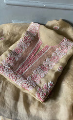 Load image into Gallery viewer, Rose Women's Lakhnavi Handcrafted Pure Organza Chikankari Unstitched Kurta And Dupatta Set- HONC0310180
