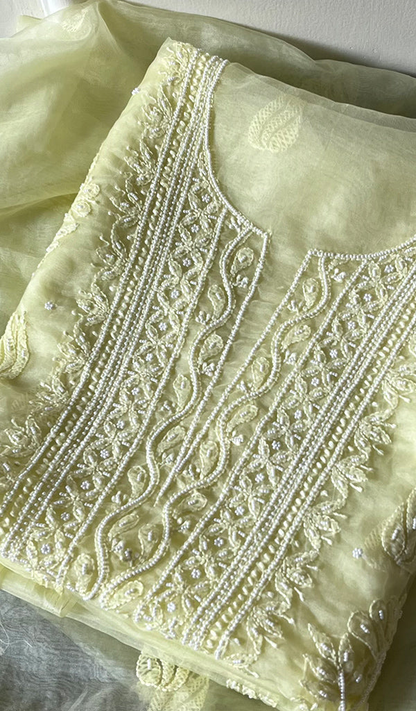 Women's Lakhnavi Handcrafted Organza Chikankari Unstitched Full Suit Material - HONC0271221