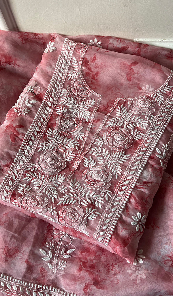 Women's Lakhnavi Handcrafted Organza Chikankari Unstitched Kurta And Dupatta Set - HONC0268883