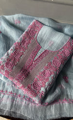 Load image into Gallery viewer, Rose Women's Lakhnavi Handcrafted Pure Organza Chikankari Unstitched Kurta And Dupatta Set- HONC0274530