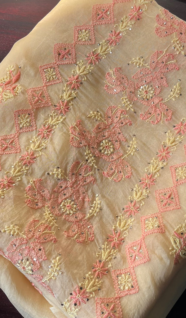 Women's Lakhnavi Handcrafted Organza Chikankari Unstitched Kurti Fabric - HONC071638