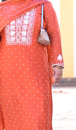 Load image into Gallery viewer, Jazba Women's Lakhnavi Handcrafted Mul Chanderi Chikankari Stitched Kurta, Dupatta And Pant Set - HONC04964656