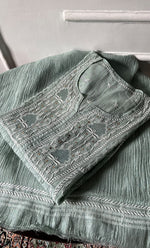 Load image into Gallery viewer, Women's Lakhnavi Handcrafted Mul Chanderi Semi - stitched Chikankari Full Suit Material - HONC0333491