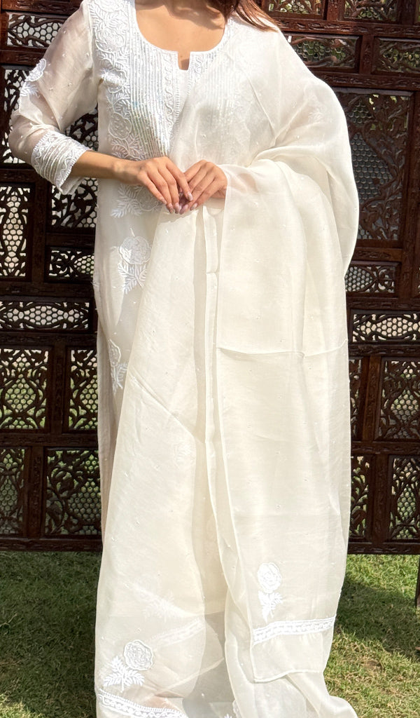 Rose Women's Lucknowi Handcrafted Pure Organza Silk Stitched Chikankari Kurta, Dupatta With Pant Set- HONC0270713
