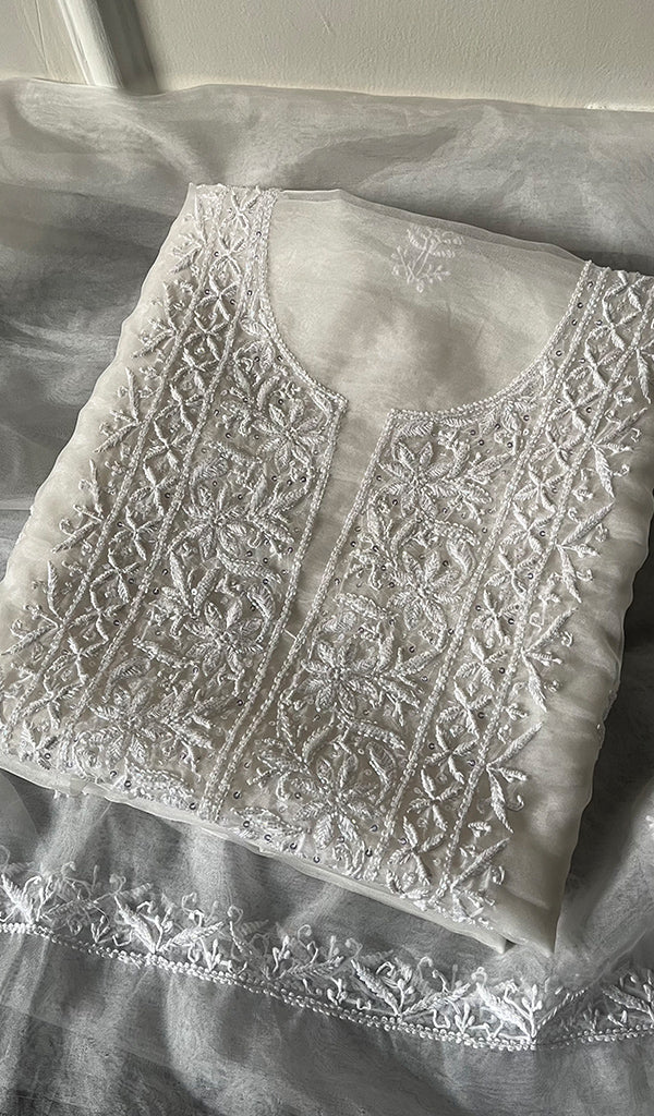 Women's Lakhnavi Handcrafted Organza Chikankari Unstitched Kurta And Dupatta Set- HONC0249868