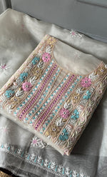 Load image into Gallery viewer, Women's Lakhnavi Handcrafted Pure Organza Chikankari Unstitched Kurta And Dupatta Set- HONC0304407