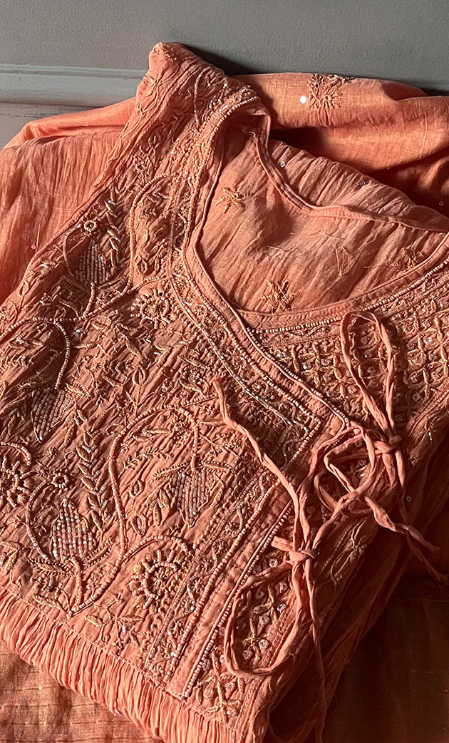 Aaliyah Women's Lakhnavi Handcrafted Mul Chanderi Semi - Stitched Angrakha And Dupatta Set - HONC0277639