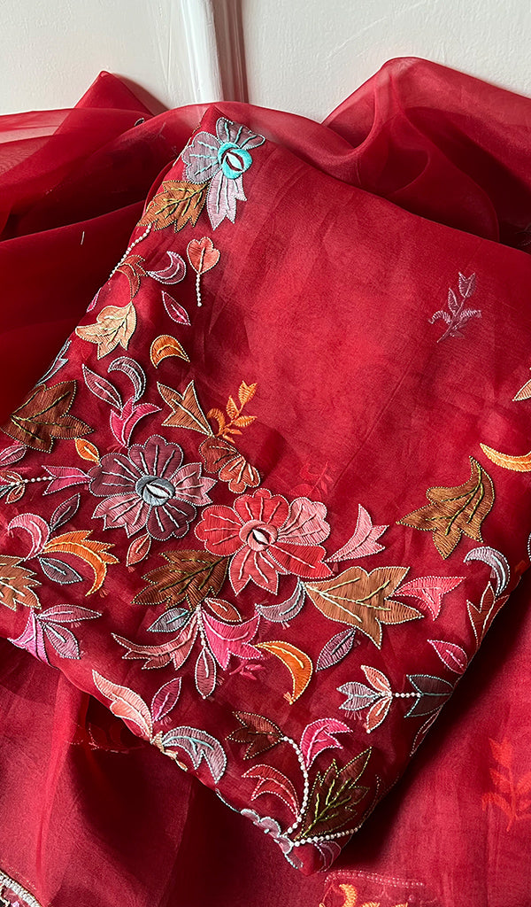 Women's Lakhnavi Handcrafted Pure Organza Chikankari Unstitched Kurta And Dupatta Set- HONC0267236