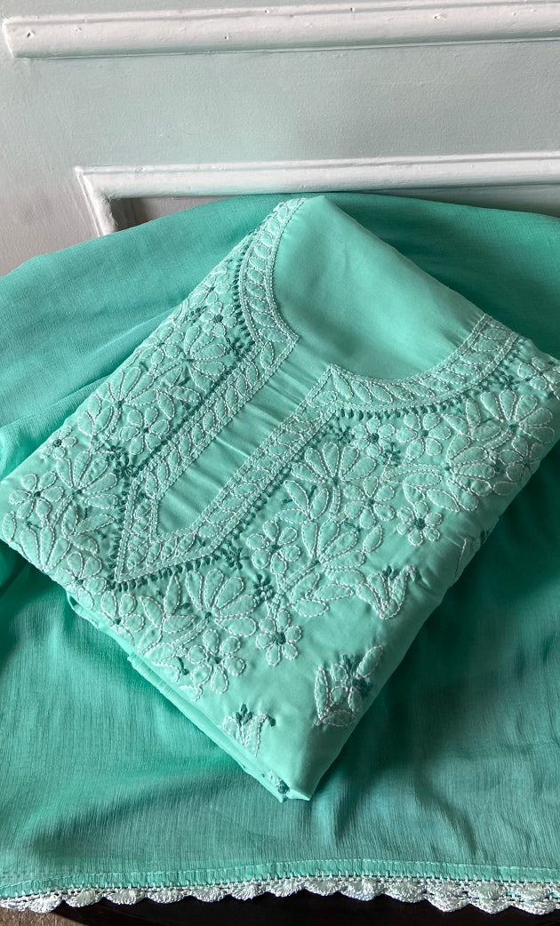 Women's Lakhnavi Handcrafted Unstitched Cotton Chikankari Suit Material - HONC0316589